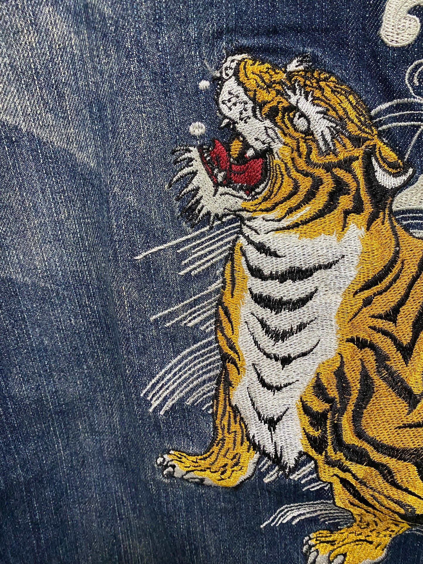 Kacho Fugetsu Japanese Dragon & Tiger Embroidered Denim Pants | Wagara Wide Leg Jeans | Japanese Tradition Denim | Size 40 (100 cm Waist)