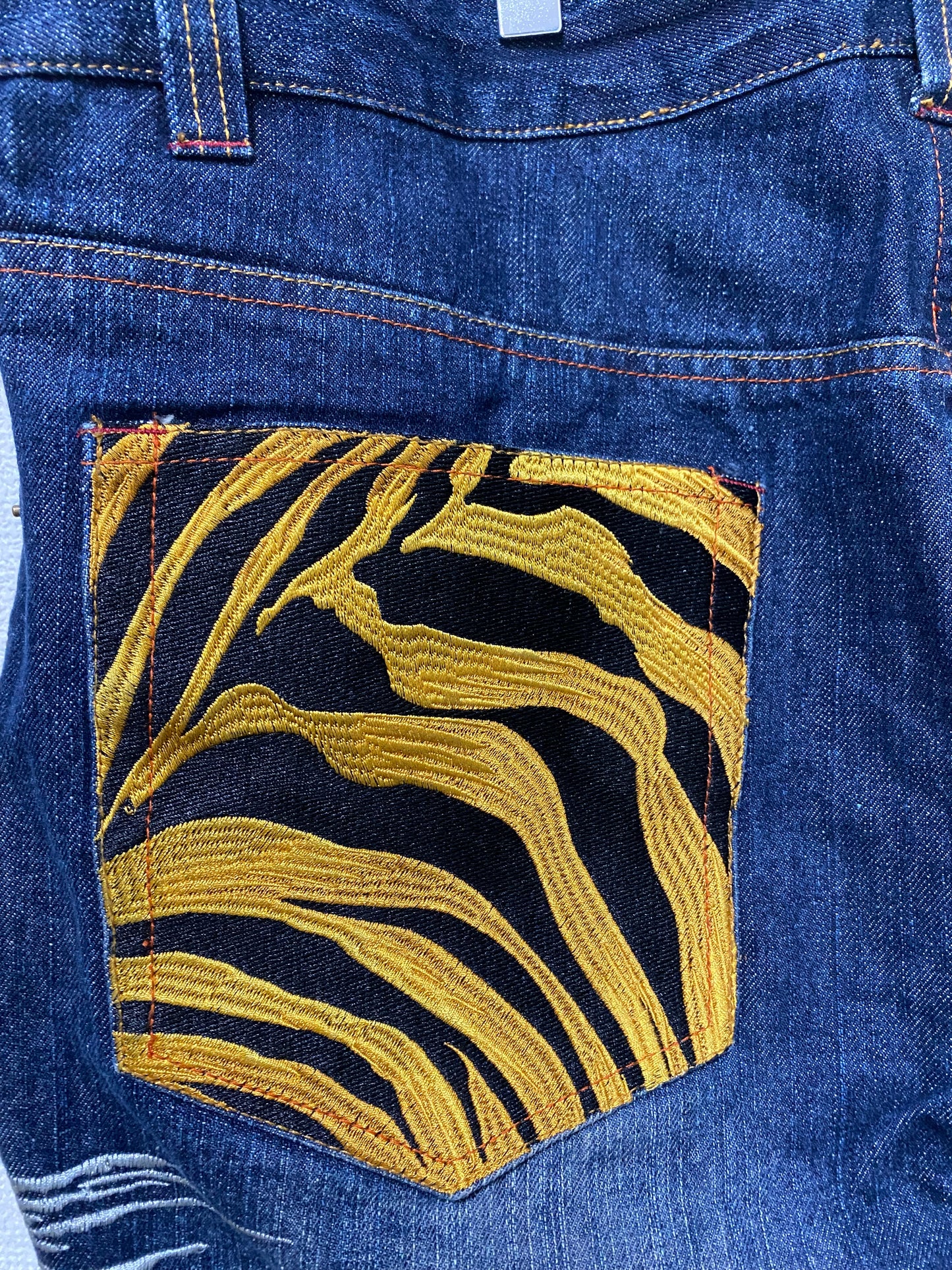 Kacho Fugetsu Japanese Dragon & Tiger Embroidered Denim Pants | Wagara Wide Leg Jeans | Japanese Tradition Denim | Size 40 (100 cm Waist)