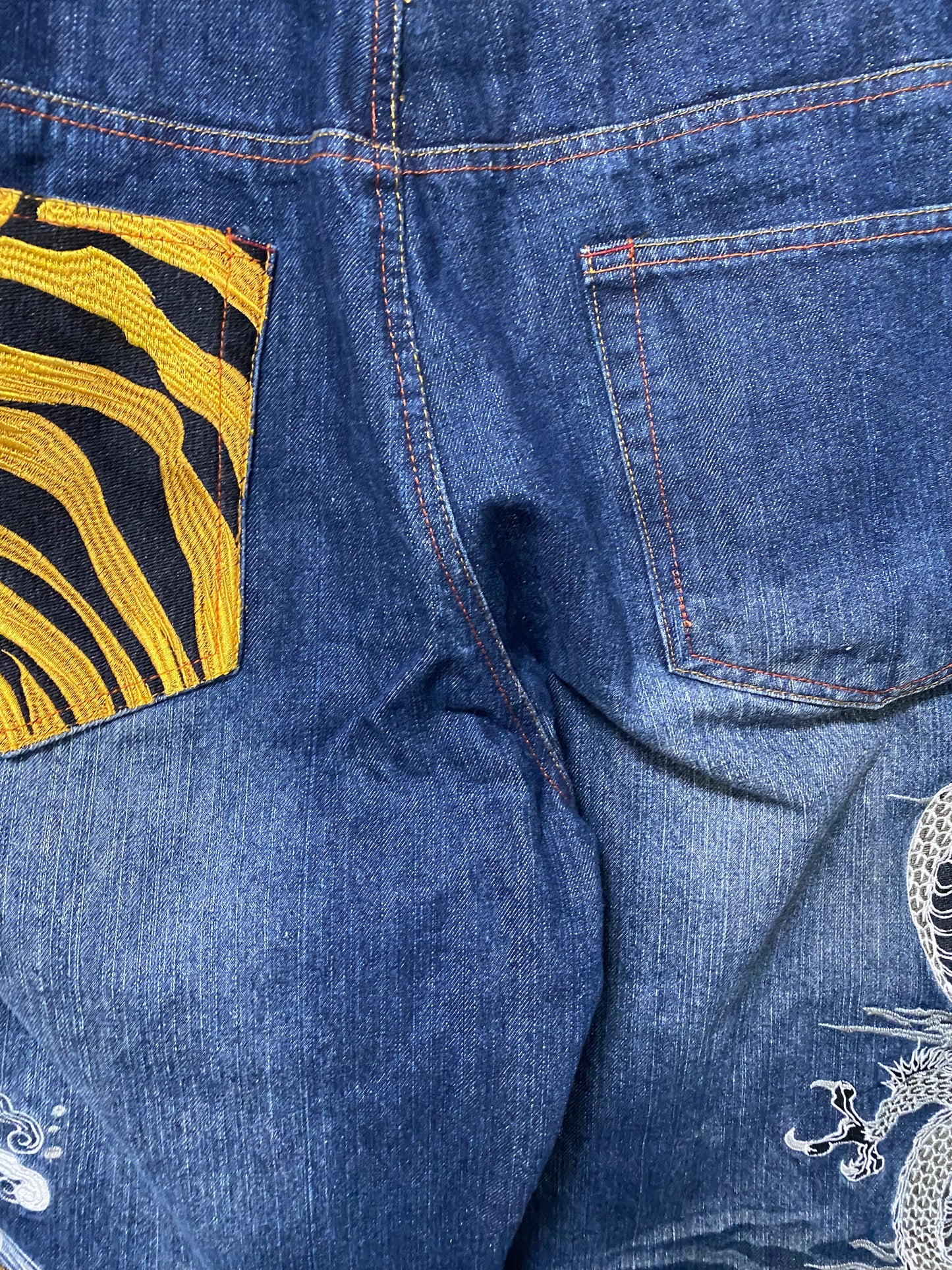 Kacho Fugetsu Japanese Dragon & Tiger Embroidered Denim Pants | Wagara Wide Leg Jeans | Japanese Tradition Denim | Size 40 (100 cm Waist)