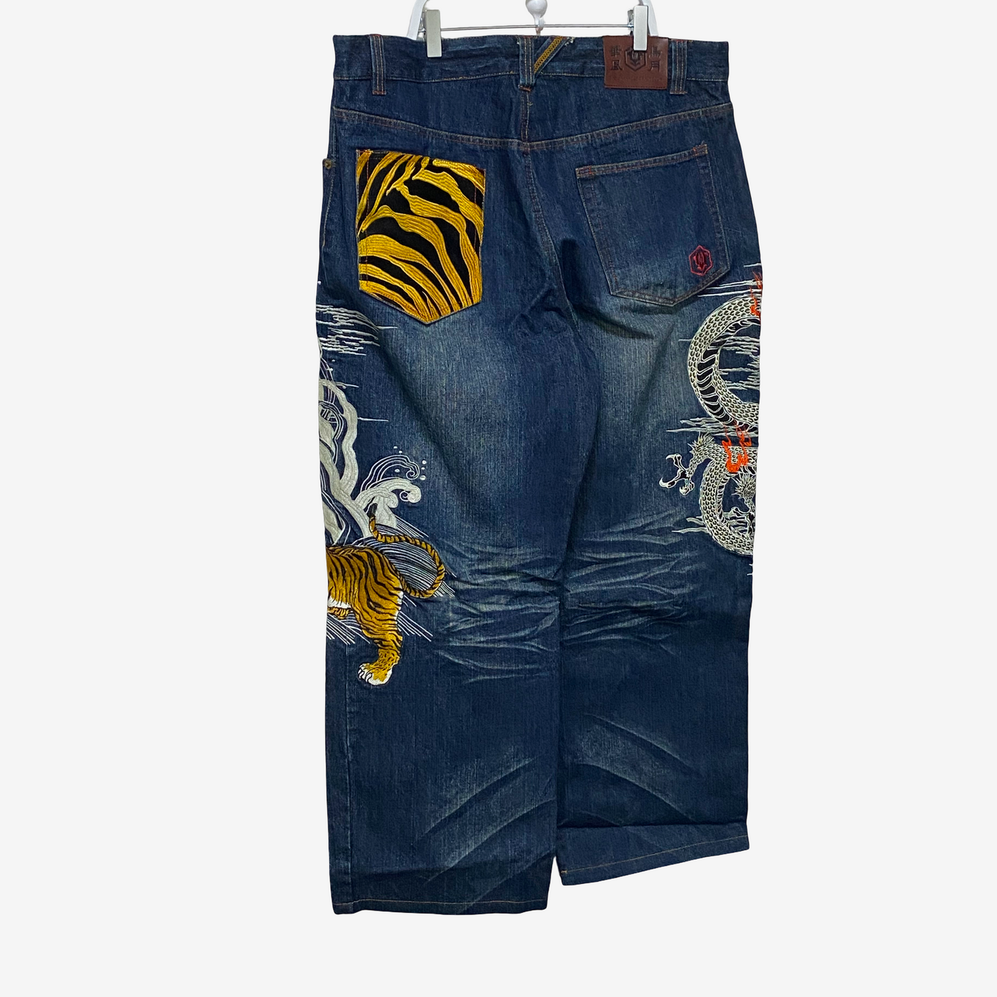 Kacho Fugetsu Japanese Dragon & Tiger Embroidered Denim Pants | Wagara Wide Leg Jeans | Japanese Tradition Denim | Size 40 (100 cm Waist)