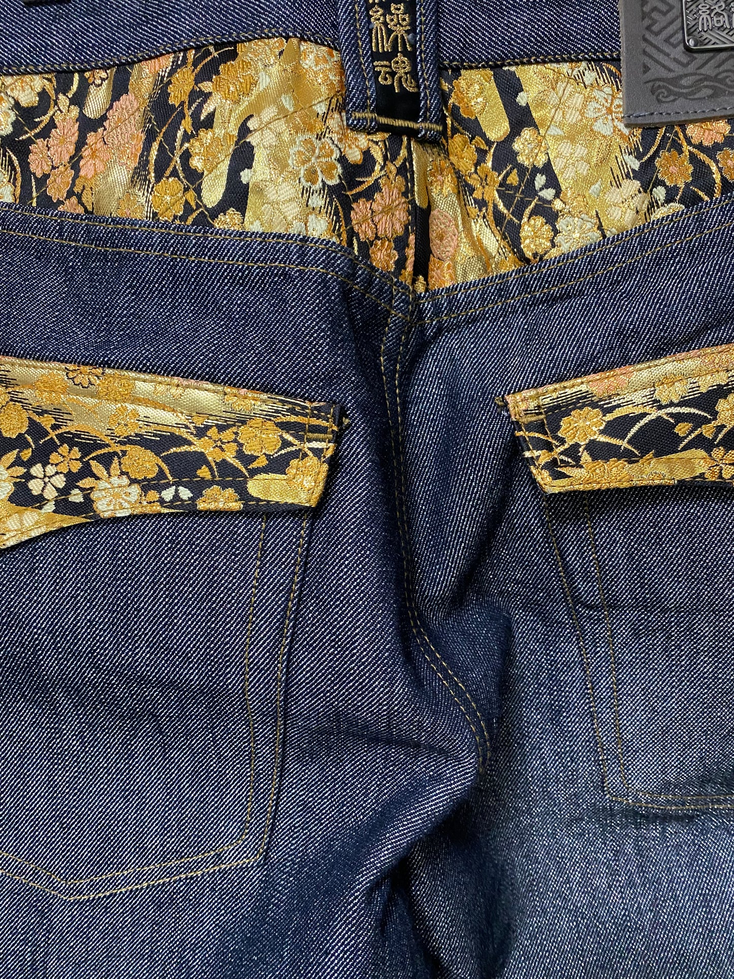 Japanese Wagara Kanji Gold Brocade Denim Jeans | Nishiki Style Sakura Jacquard Pants | Made in Japan Inspired Wide Leg Denim | New With Tags