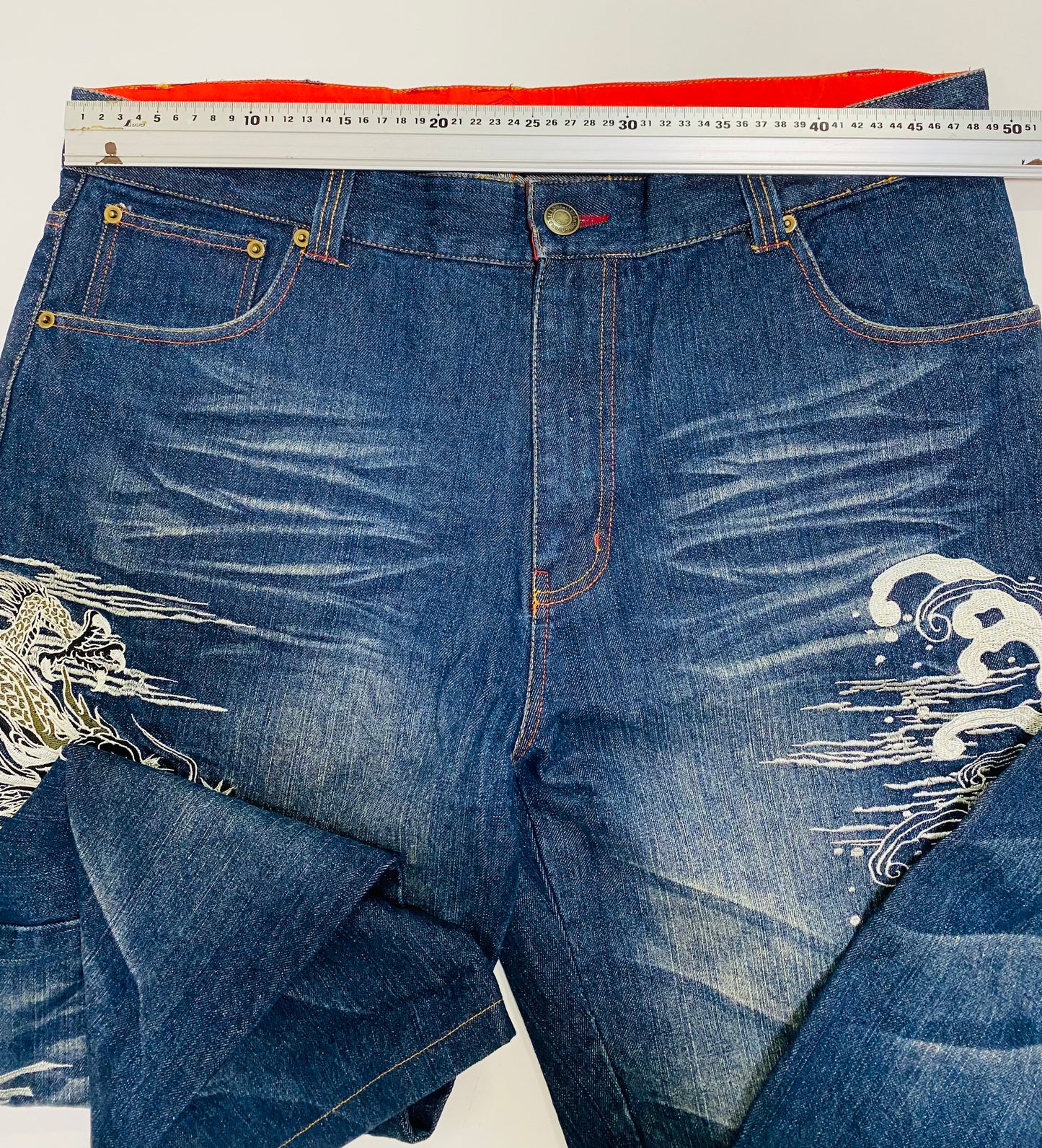 Kacho Fugetsu Japanese Dragon & Tiger Embroidered Denim Pants | Wagara Wide Leg Jeans | Japanese Tradition Denim | Size 40 (100 cm Waist)