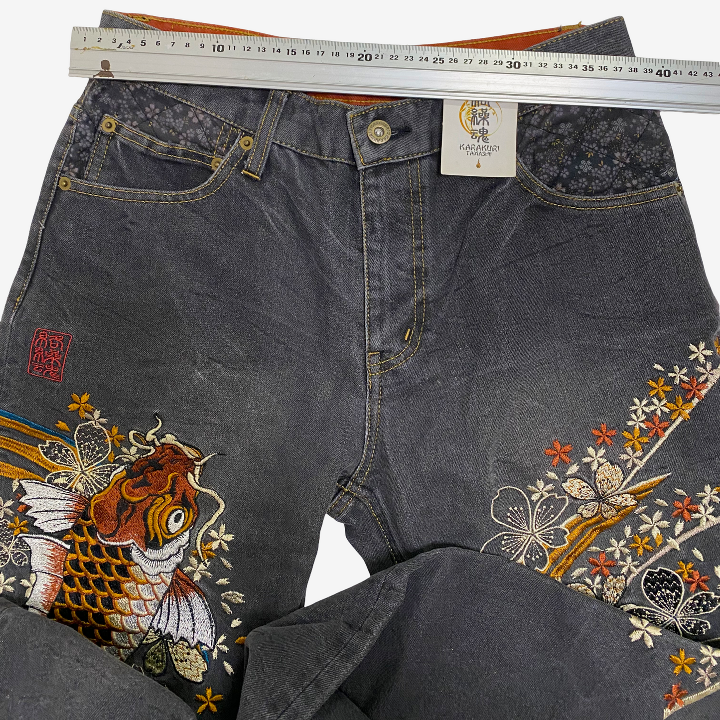 Karakuri Tamashii Japanese Koi Carp Embroidered Denim Jeans | Sakura Wagara Jeans | Made in Japan Style | Size 30