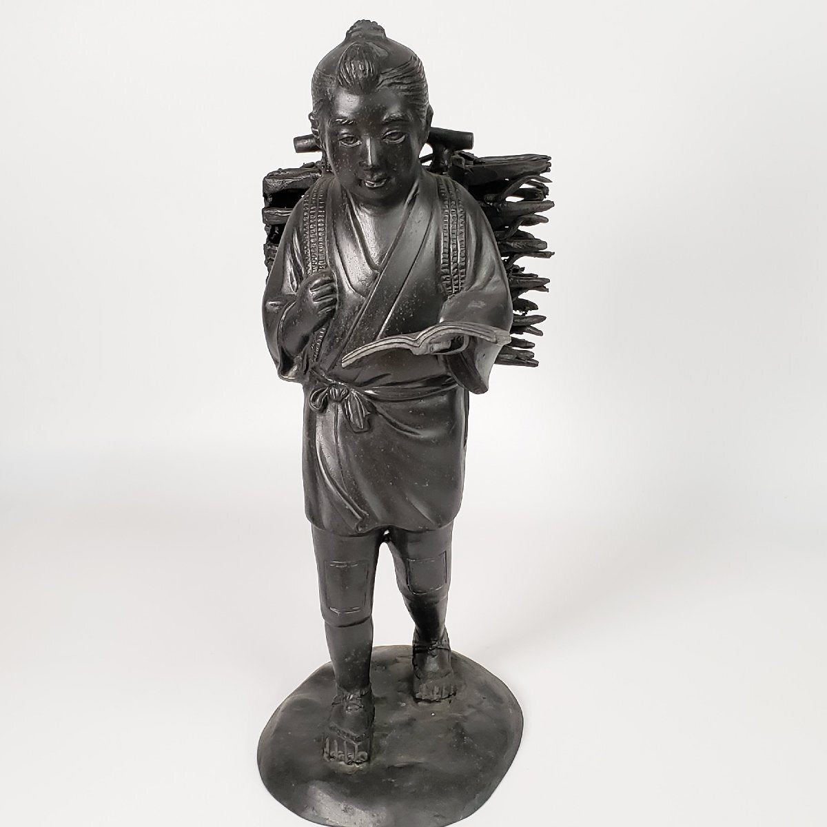 Ninomiya Kinjiro (Ninomiya Sontoku) Bronze Figure, 36.5cm — Scholar Child Reading While Walking — Cast Metal Japanese Folk Icon Sculpture
