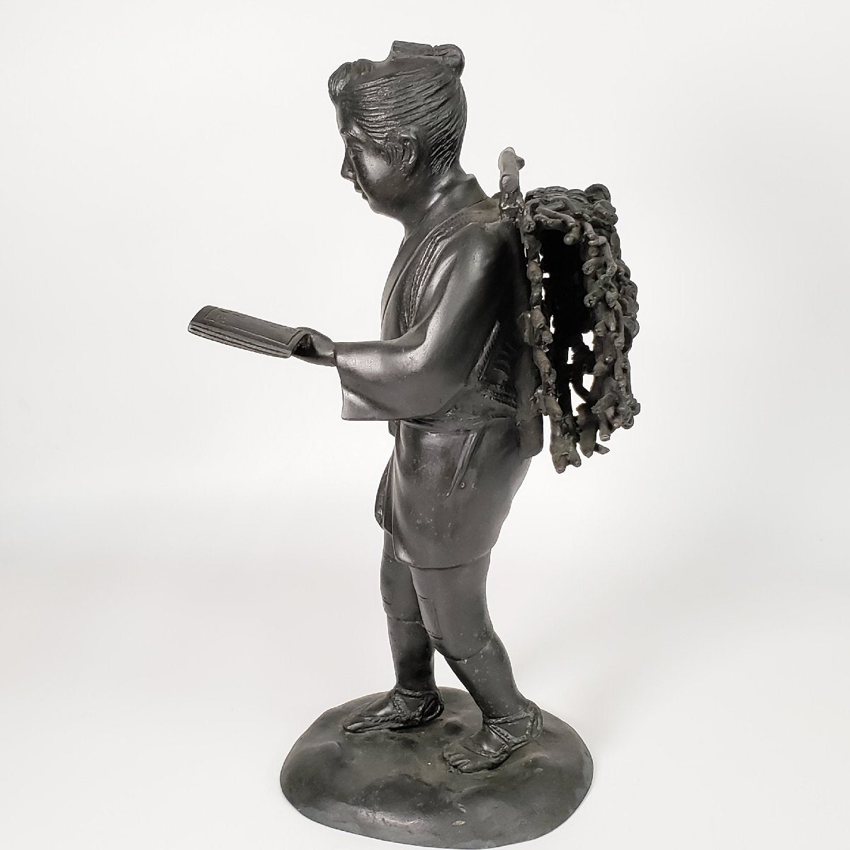 Ninomiya Kinjiro (Ninomiya Sontoku) Bronze Figure, 36.5cm — Scholar Child Reading While Walking — Cast Metal Japanese Folk Icon Sculpture