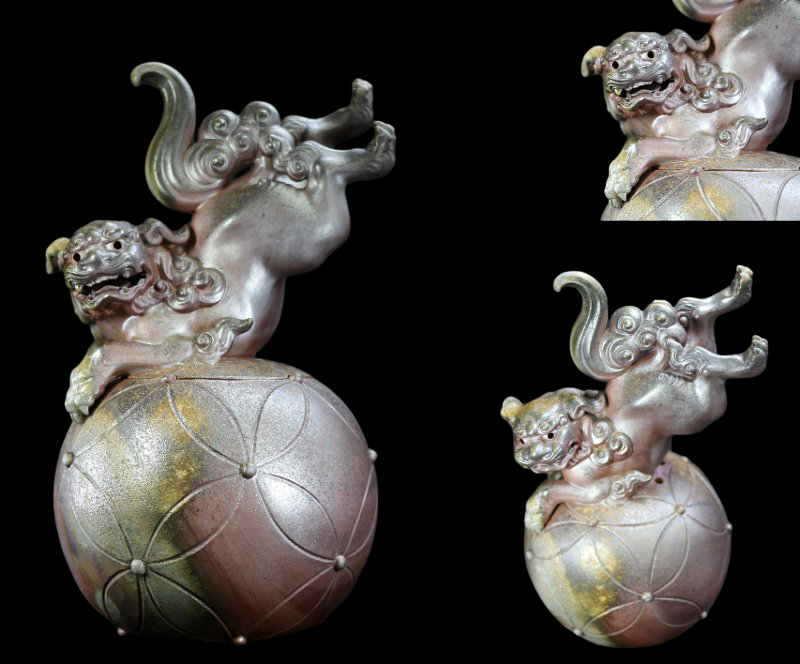 Nishimura Harusei Bizen Ware Shishi Incense Burner — Dynamic 'Leaping Lion' Sculpture, Finely Carved Detail, Tomobako