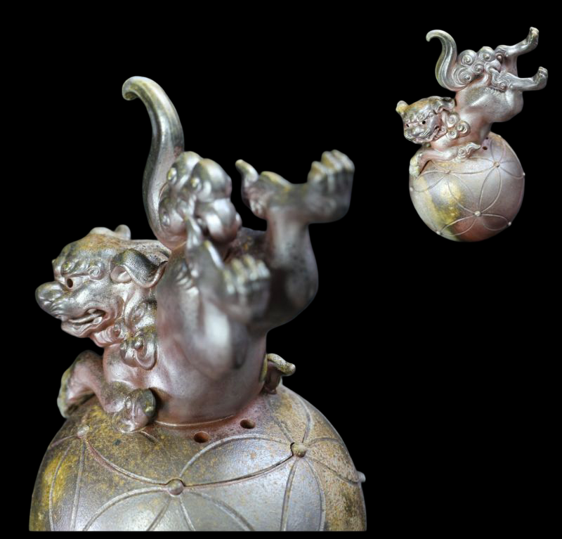 Nishimura Harusei Bizen Ware Shishi Incense Burner — Dynamic 'Leaping Lion' Sculpture, Finely Carved Detail, Tomobako