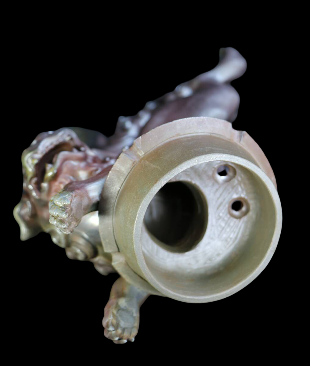 Nishimura Harusei Bizen Ware Shishi Incense Burner — Dynamic 'Leaping Lion' Sculpture, Finely Carved Detail, Tomobako