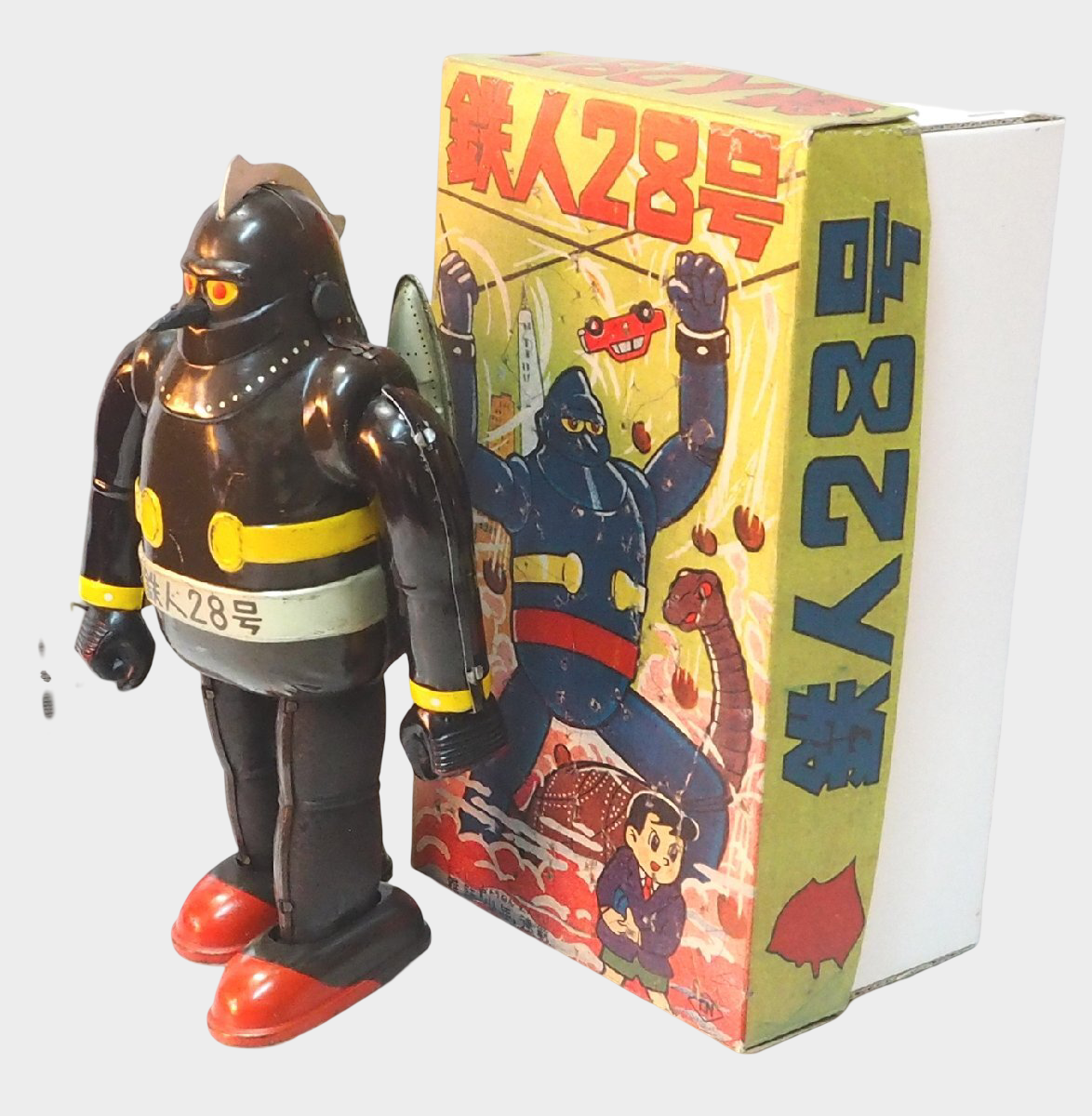 Nomura Tetsujin 28 Embossed Tin Robot with Box – Early Black Body Variant, Wind-Up Walking, Postwar Japan