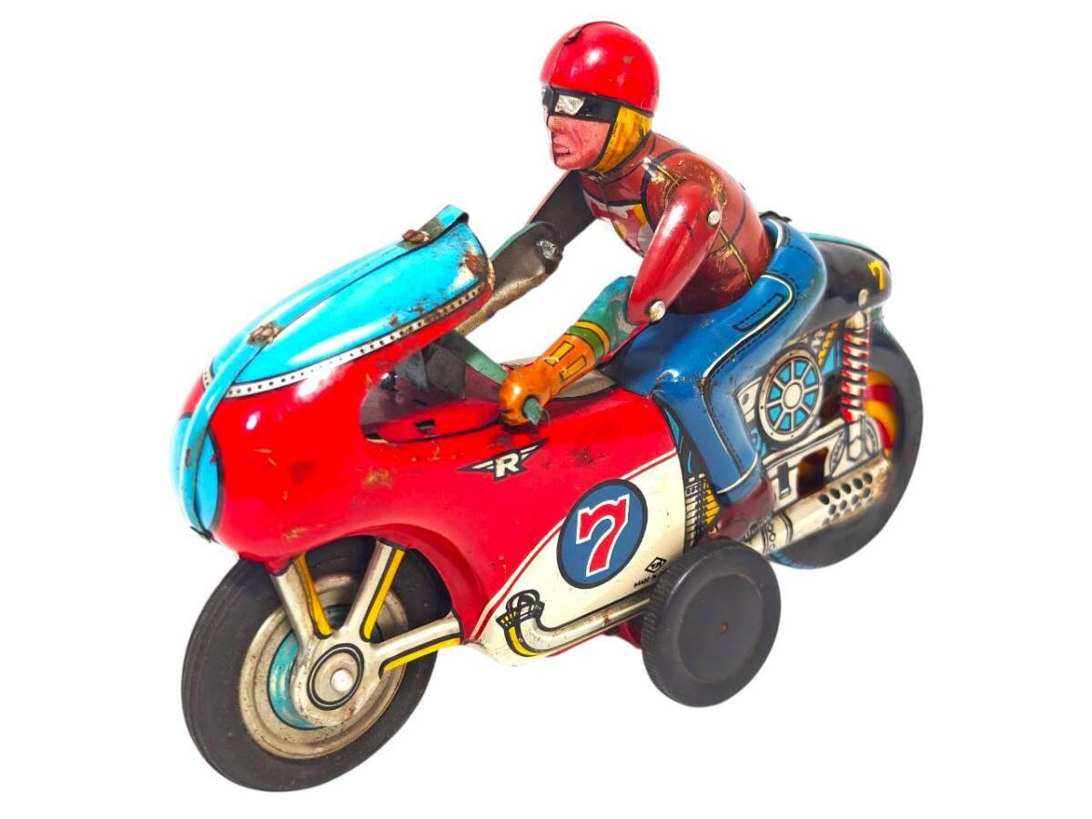 Nomura Toy TN No.7 Friction Racing Motorcycle Tin Litho Rider Bike — 20cm Vintage Japan