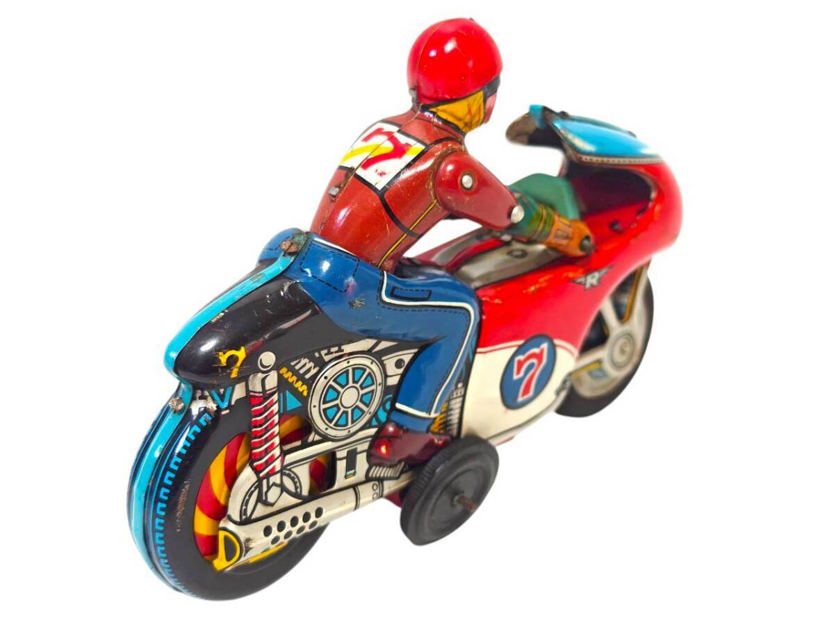 Nomura Toy TN No.7 Friction Racing Motorcycle Tin Litho Rider Bike — 20cm Vintage Japan
