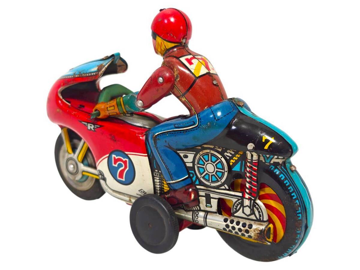 Nomura Toy TN No.7 Friction Racing Motorcycle Tin Litho Rider Bike — 20cm Vintage Japan