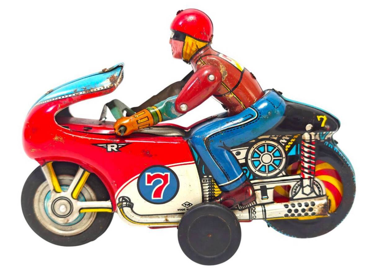 Nomura Toy TN No.7 Friction Racing Motorcycle Tin Litho Rider Bike — 20cm Vintage Japan