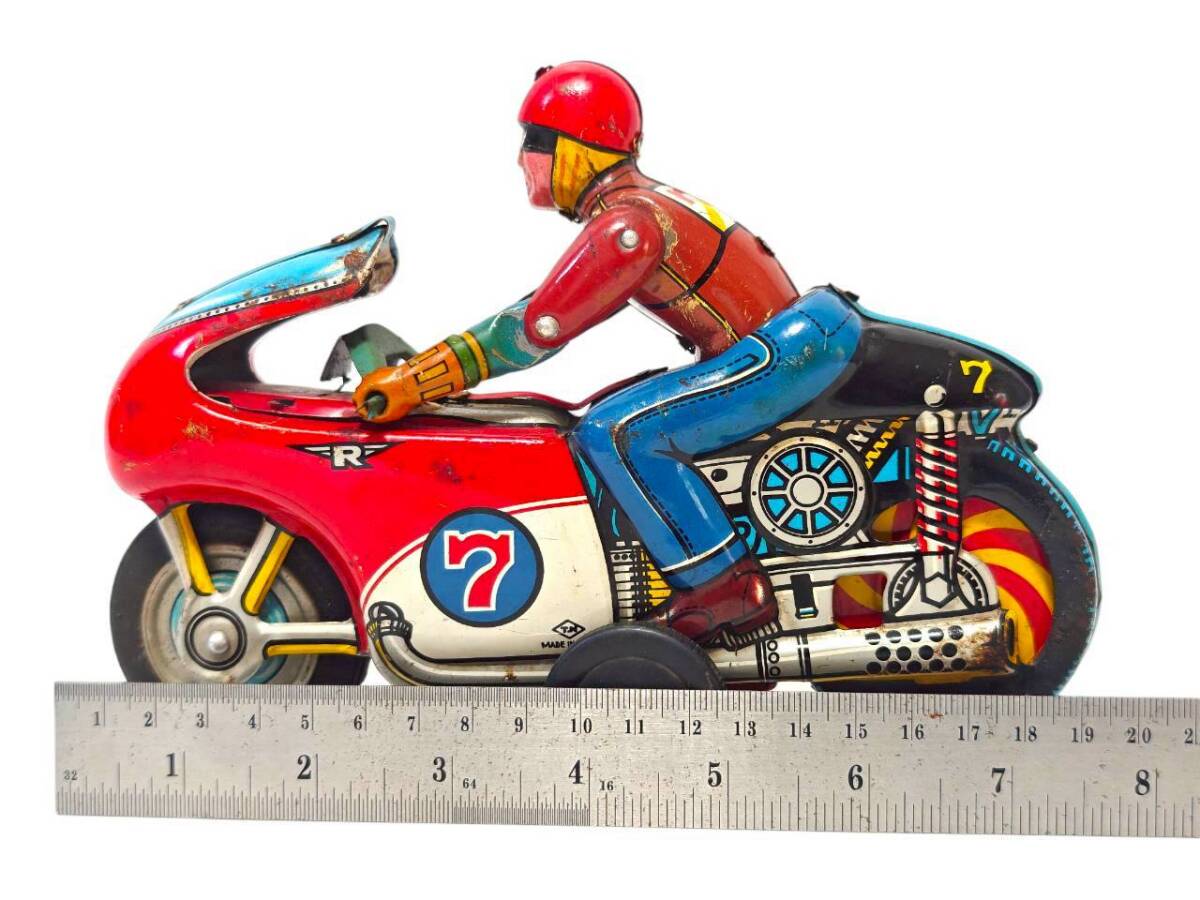 Nomura Toy TN No.7 Friction Racing Motorcycle Tin Litho Rider Bike — 20cm Vintage Japan