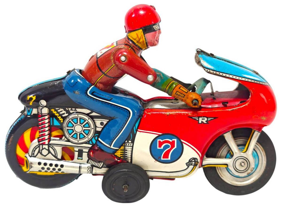 Nomura Toy TN No.7 Friction Racing Motorcycle Tin Litho Rider Bike — 20cm Vintage Japan