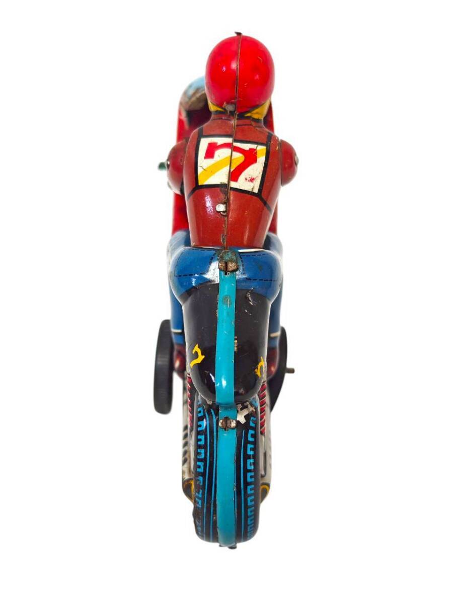 Nomura Toy TN No.7 Friction Racing Motorcycle Tin Litho Rider Bike — 20cm Vintage Japan