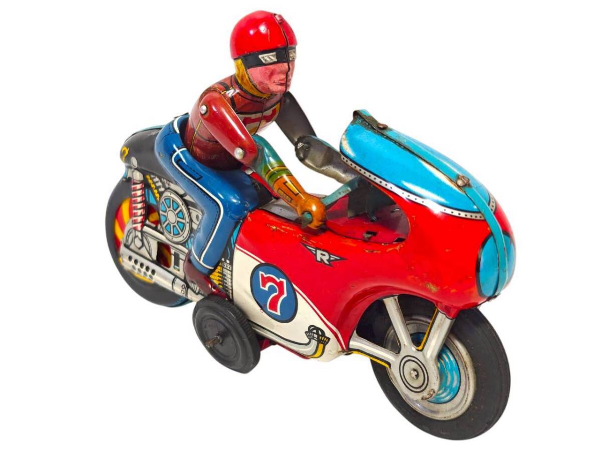 Nomura Toy TN No.7 Friction Racing Motorcycle Tin Litho Rider Bike — 20cm Vintage Japan