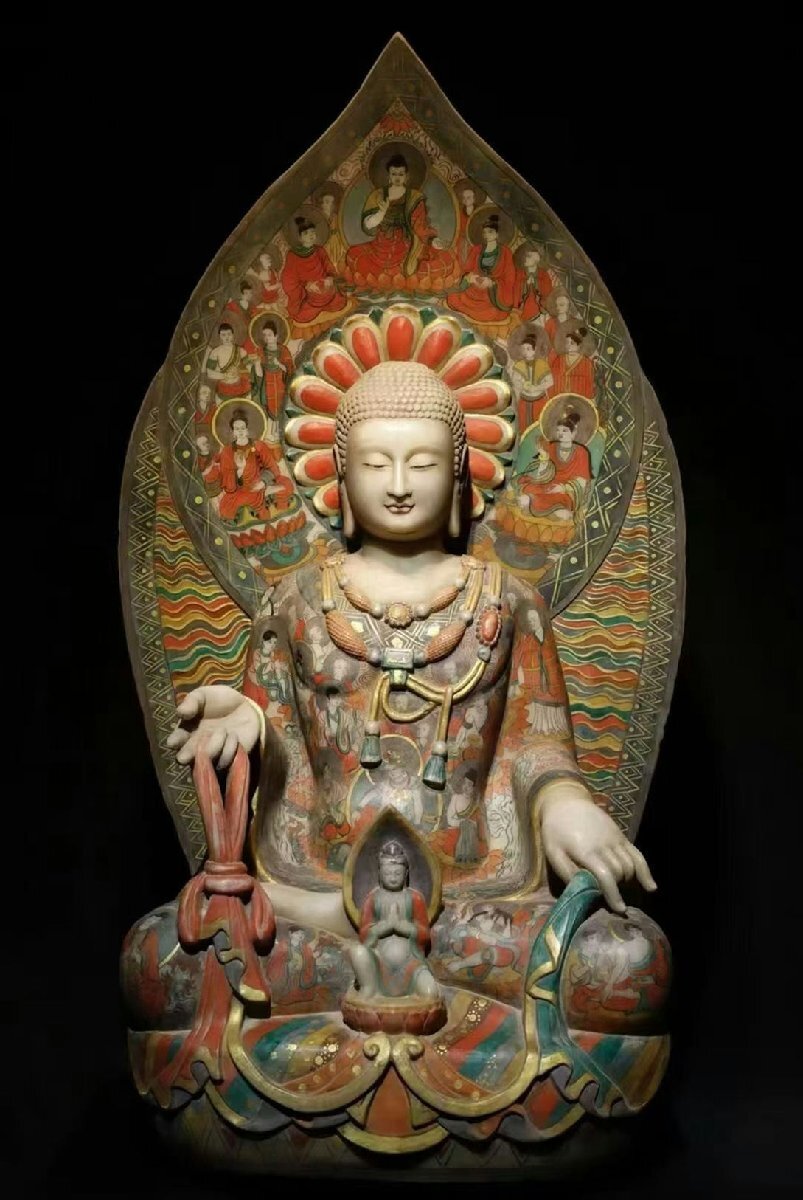 Northern Qi Dynasty Painted Stone Bodhisattva, Chinese Polychrome Buddhist Sculpture with Mandorla (Antique, 100+ Years)