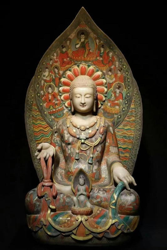 Northern Qi Dynasty Painted Stone Bodhisattva, Chinese Polychrome Buddhist Sculpture with Mandorla (Antique, 100+ Years)
