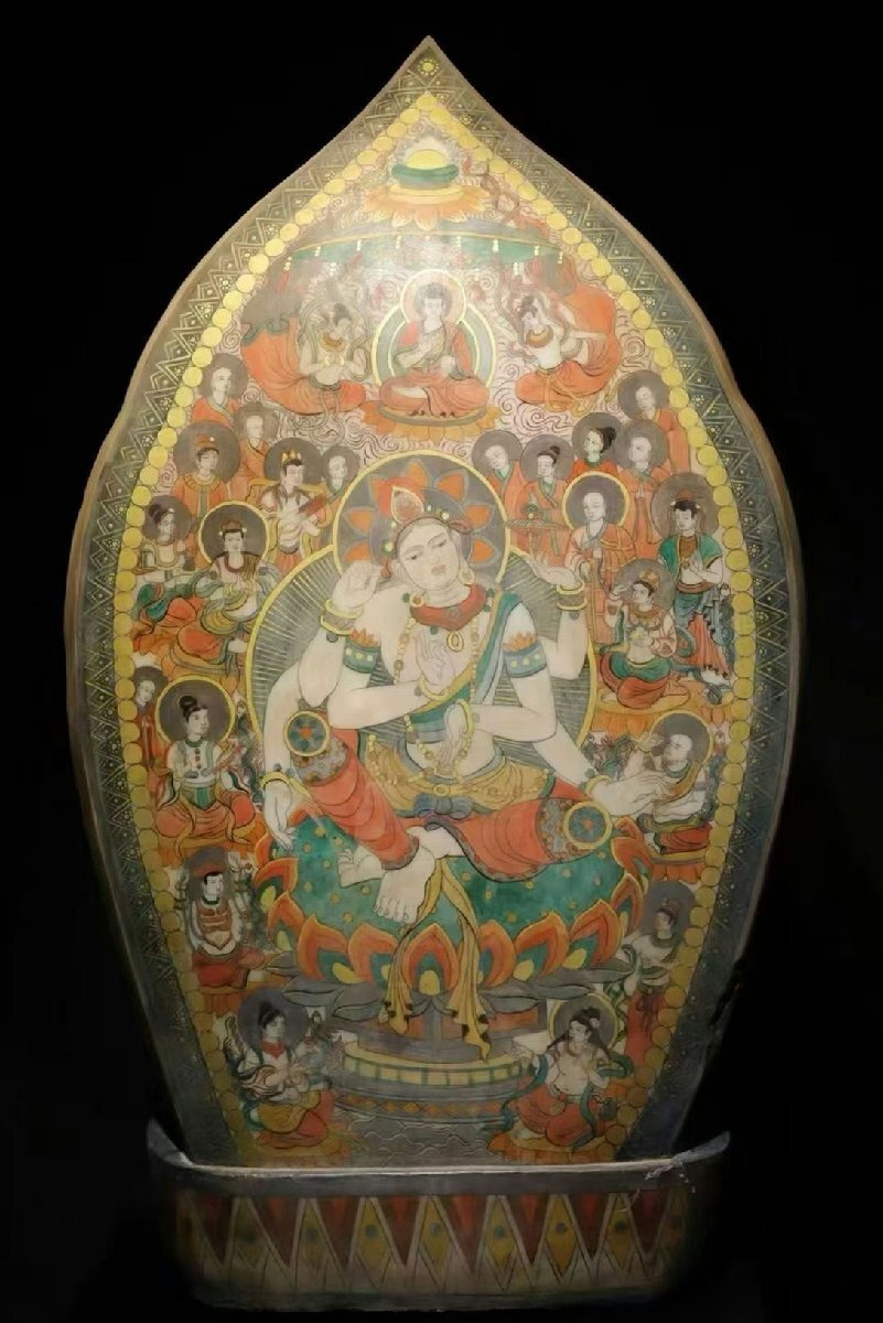 Northern Qi Dynasty Painted Stone Bodhisattva, Chinese Polychrome Buddhist Sculpture with Mandorla (Antique, 100+ Years)
