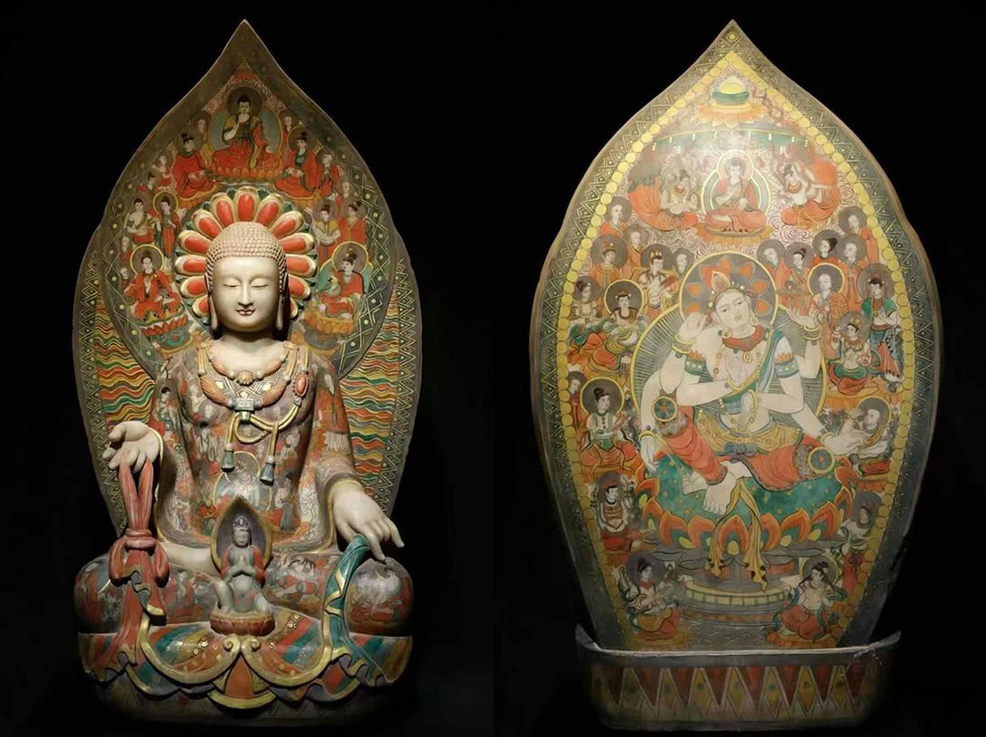 Northern Qi Dynasty Painted Stone Bodhisattva, Chinese Polychrome Buddhist Sculpture with Mandorla (Antique, 100+ Years)