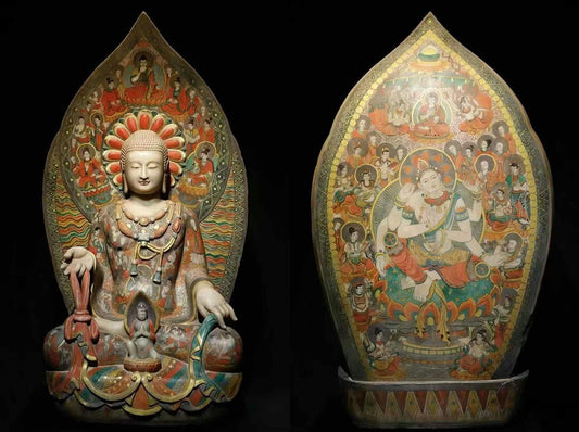 Northern Qi Dynasty Painted Stone Bodhisattva, Chinese Polychrome Buddhist Sculpture with Mandorla (Antique, 100+ Years)