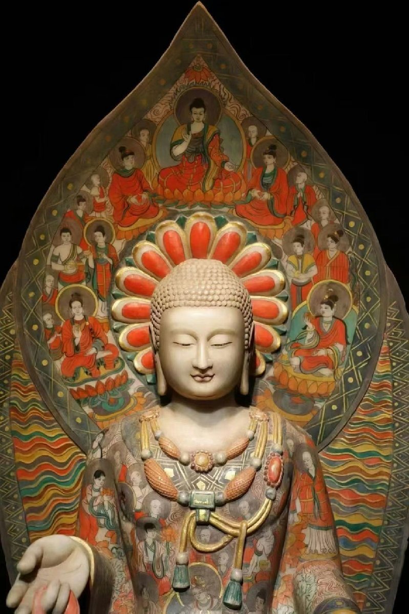 Northern Qi Dynasty Painted Stone Bodhisattva, Chinese Polychrome Buddhist Sculpture with Mandorla (Antique, 100+ Years)