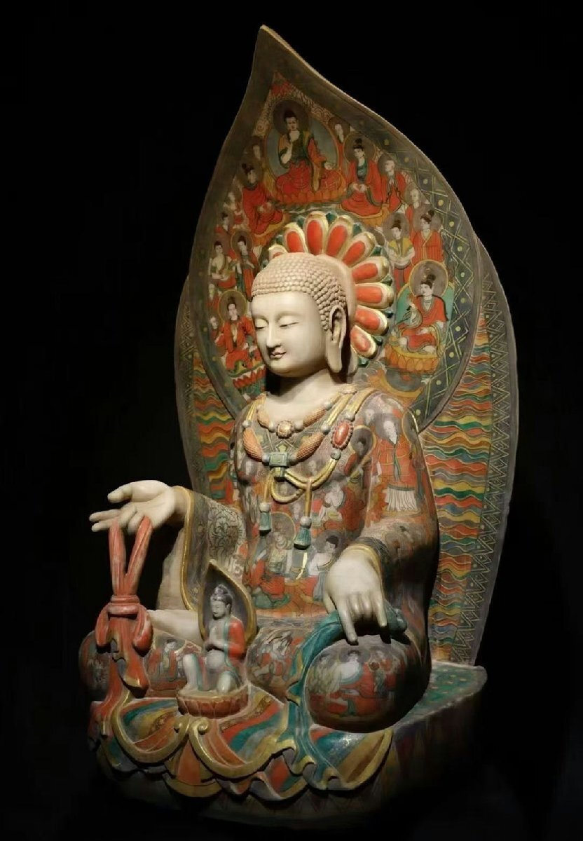 Northern Qi Dynasty Painted Stone Bodhisattva, Chinese Polychrome Buddhist Sculpture with Mandorla (Antique, 100+ Years)