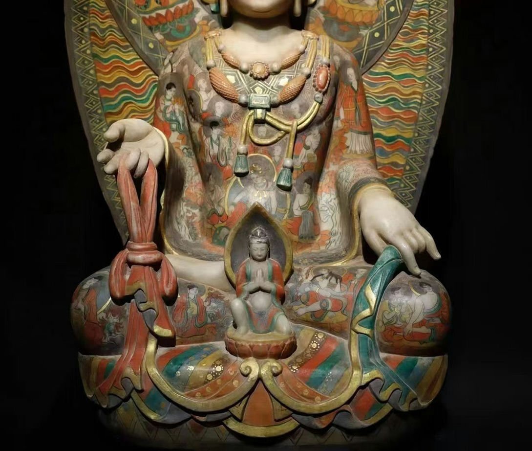 Northern Qi Dynasty Painted Stone Bodhisattva, Chinese Polychrome Buddhist Sculpture with Mandorla (Antique, 100+ Years)
