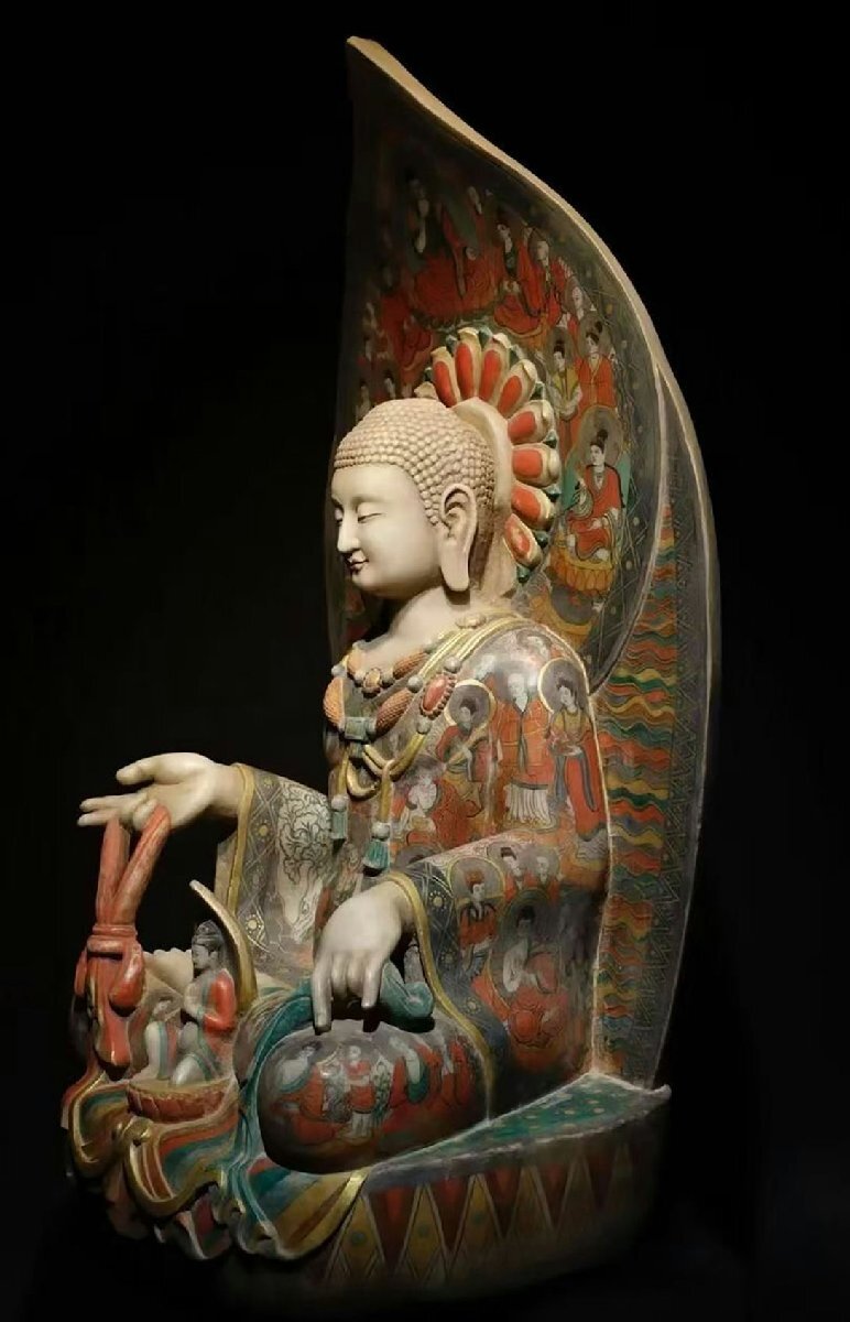 Northern Qi Dynasty Painted Stone Bodhisattva, Chinese Polychrome Buddhist Sculpture with Mandorla (Antique, 100+ Years)
