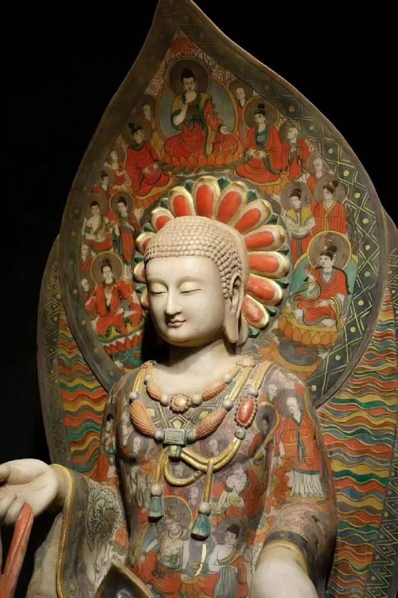 Northern Qi Dynasty Painted Stone Bodhisattva, Chinese Polychrome Buddhist Sculpture with Mandorla (Antique, 100+ Years)