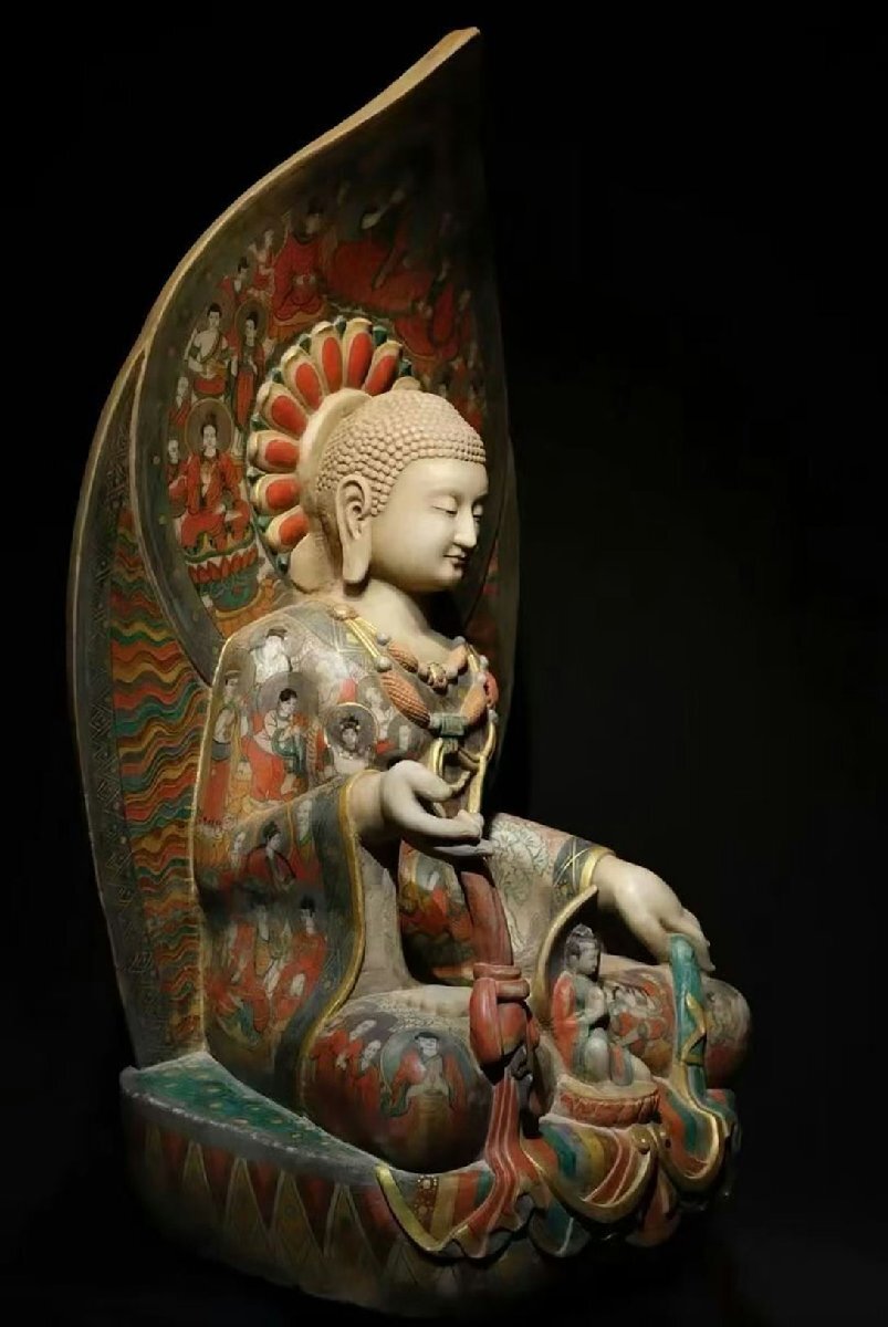 Northern Qi Dynasty Painted Stone Bodhisattva, Chinese Polychrome Buddhist Sculpture with Mandorla (Antique, 100+ Years)