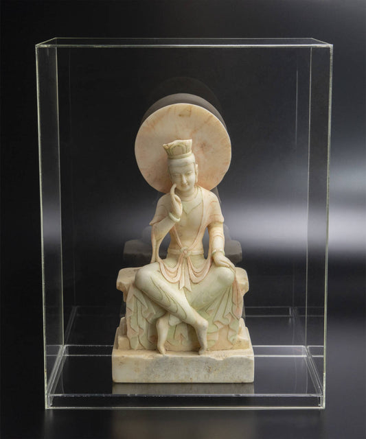 Northern Wei White Jade Guanyin Figure (c. 520 CE) — Scholarly Provenance Notes — 41cm Monumental Carving in Acrylic Case (China, Found in Japan)