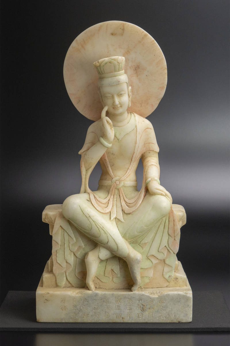 Northern Wei White Jade Guanyin Figure (c. 520 CE) — Scholarly Provenance Notes — 41cm Monumental Carving in Acrylic Case (China, Found in Japan)