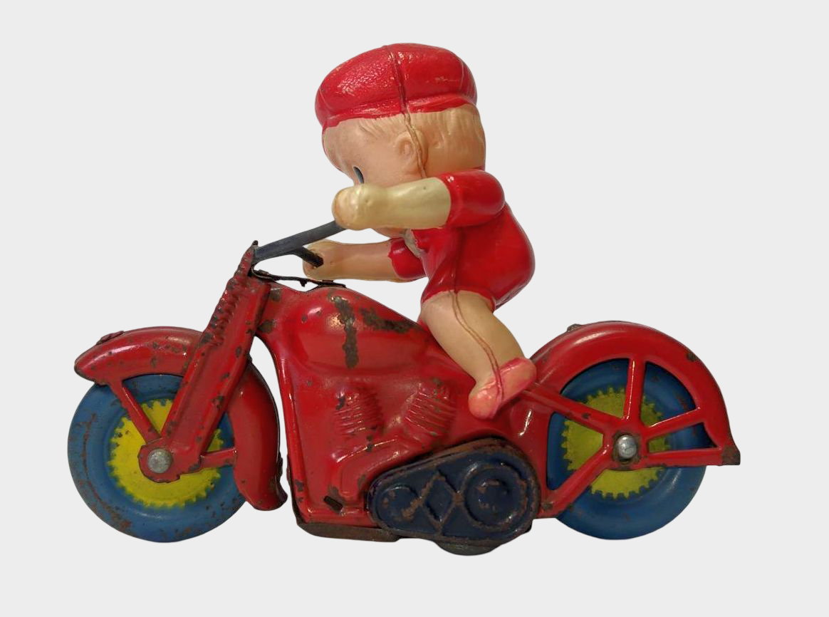 Occupied Japan Tin Motorcycle Rider Friction Toy Kewpie-Style Figure Postwar