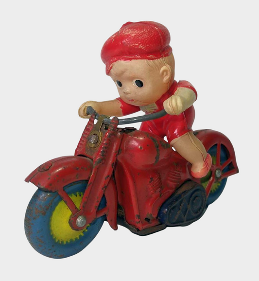 Occupied Japan Tin Motorcycle Rider Friction Toy Kewpie-Style Figure Postwar