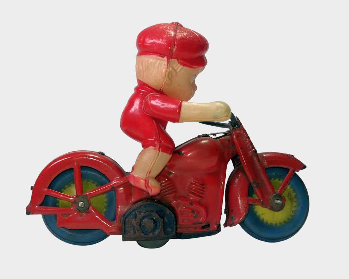 Occupied Japan Tin Motorcycle Rider Friction Toy Kewpie-Style Figure Postwar