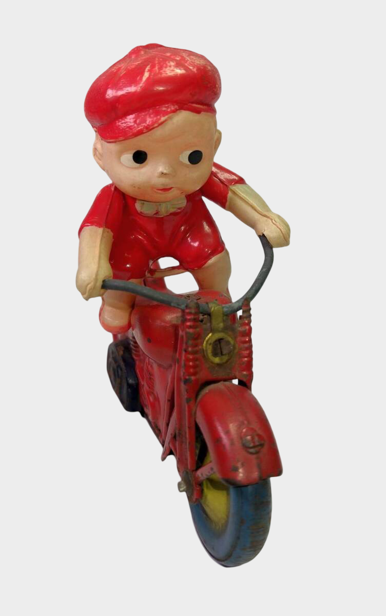 Occupied Japan Tin Motorcycle Rider Friction Toy Kewpie-Style Figure Postwar