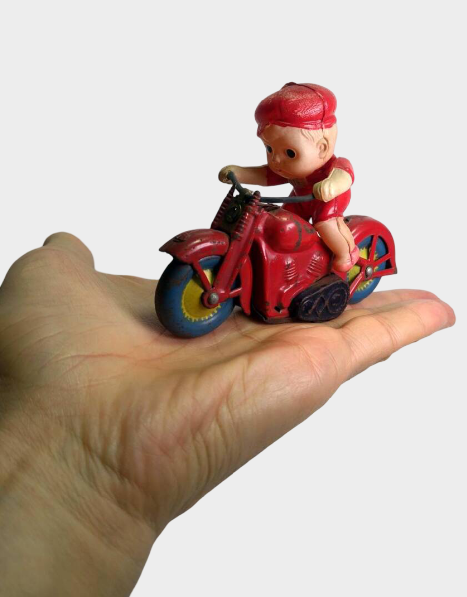 Occupied Japan Tin Motorcycle Rider Friction Toy Kewpie-Style Figure Postwar