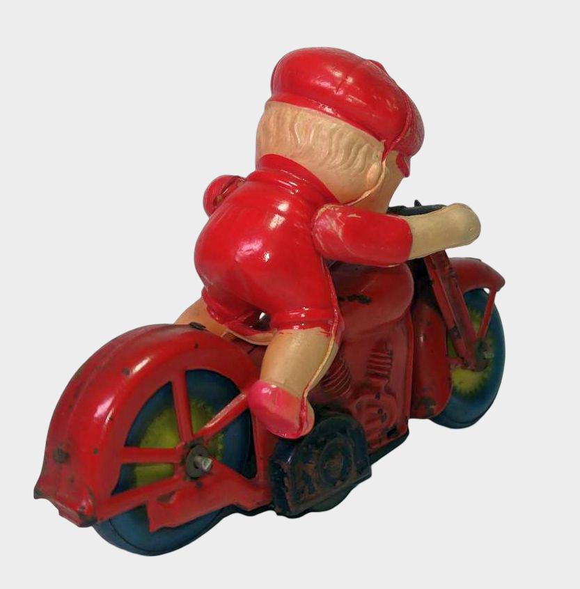 Occupied Japan Tin Motorcycle Rider Friction Toy Kewpie-Style Figure Postwar
