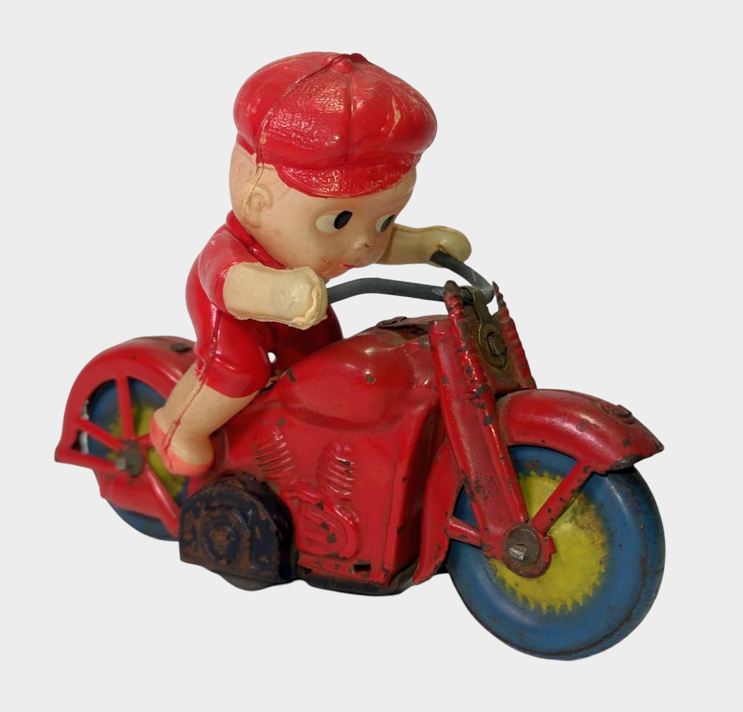 Occupied Japan Tin Motorcycle Rider Friction Toy Kewpie-Style Figure Postwar