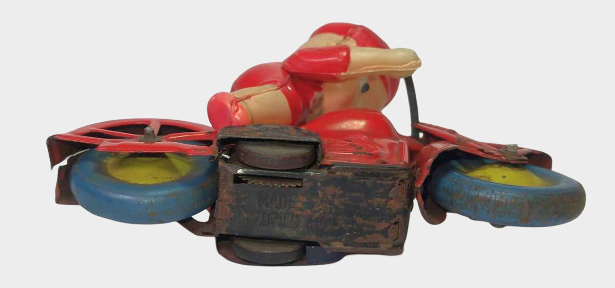Occupied Japan Tin Motorcycle Rider Friction Toy Kewpie-Style Figure Postwar