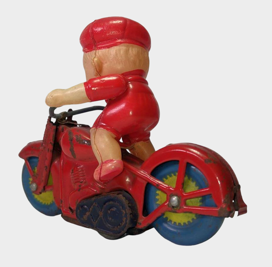 Occupied Japan Tin Motorcycle Rider Friction Toy Kewpie-Style Figure Postwar