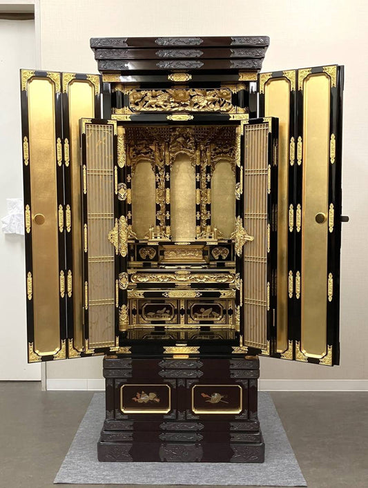 Deadstock Otani-ha Gold Butsudan Altar — Two-Tier Guden Architecture, Black Lacquer & Gold Interior (Approx. 161 cm Height) — Estate / Temple-Grade Domestic Shrine