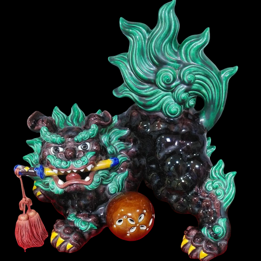 Outstanding Size Japanese Kutani Ware Yaki | Polychrome Ceramic Sculpture | Koma Inu Shisha Foo Fu Dog Lion