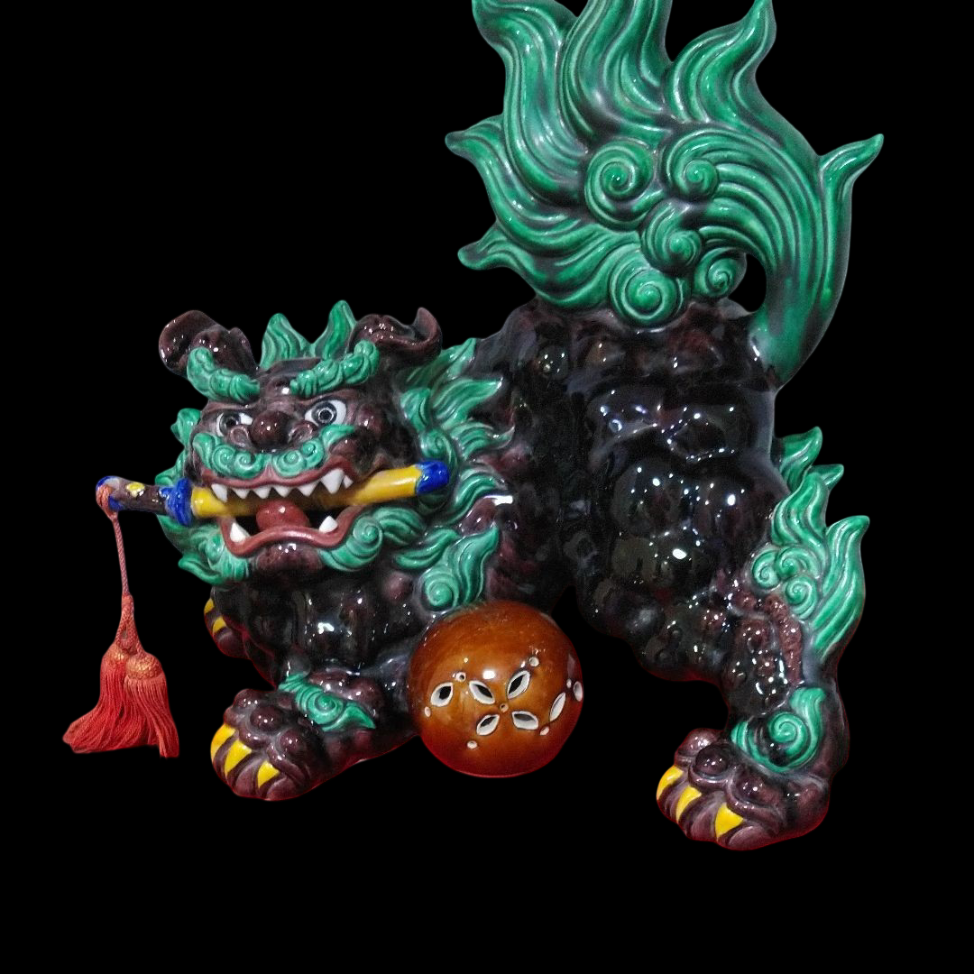 Outstanding Size Japanese Kutani Ware Yaki | Polychrome Ceramic Sculpture | Koma Inu Shisha Foo Fu Dog Lion