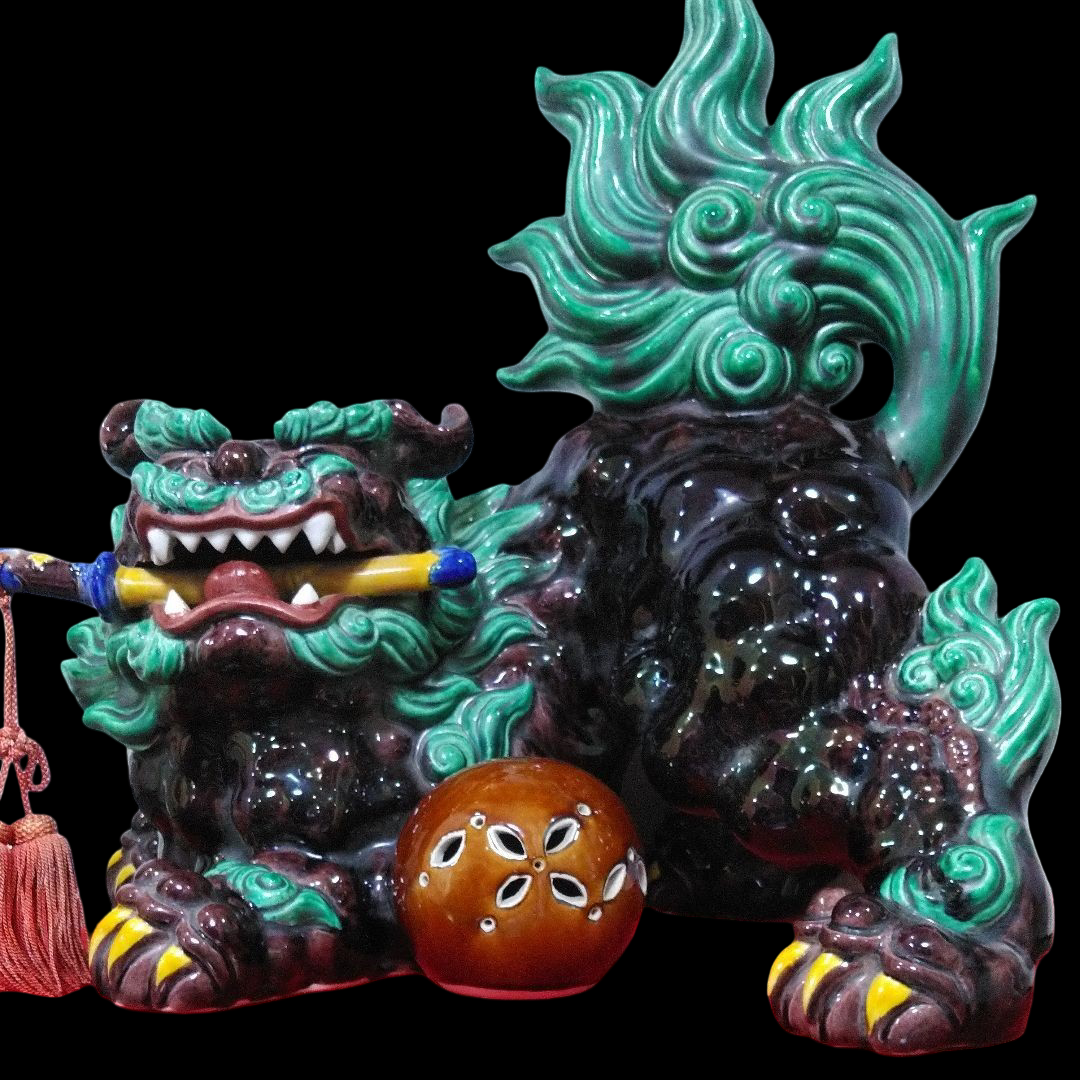 Outstanding Size Japanese Kutani Ware Yaki | Polychrome Ceramic Sculpture | Koma Inu Shisha Foo Fu Dog Lion
