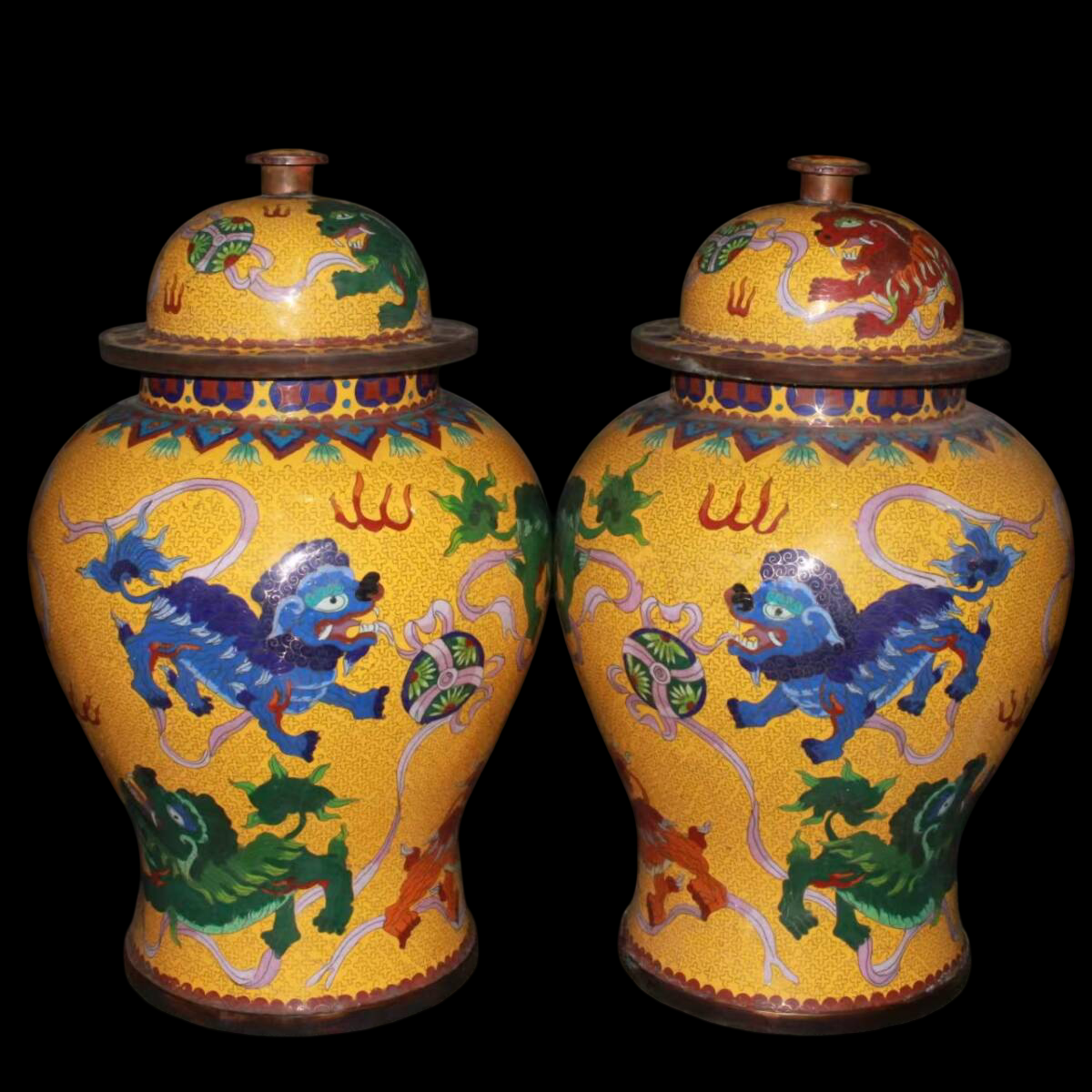 Pair of Cloisonne-Style Enamel-on-Copper Lidded Jars — Dragons & Mythic Beasts, 55 cm Tall, Heavy Decorative Display Pair (Antique-Period Attribution)