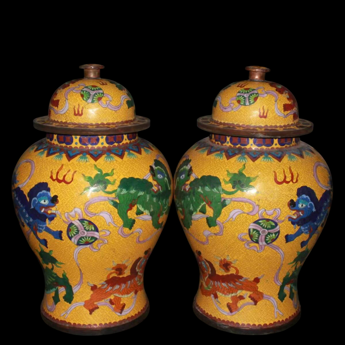 Pair of Cloisonne-Style Enamel-on-Copper Lidded Jars — Dragons & Mythic Beasts, 55 cm Tall, Heavy Decorative Display Pair (Antique-Period Attribution)