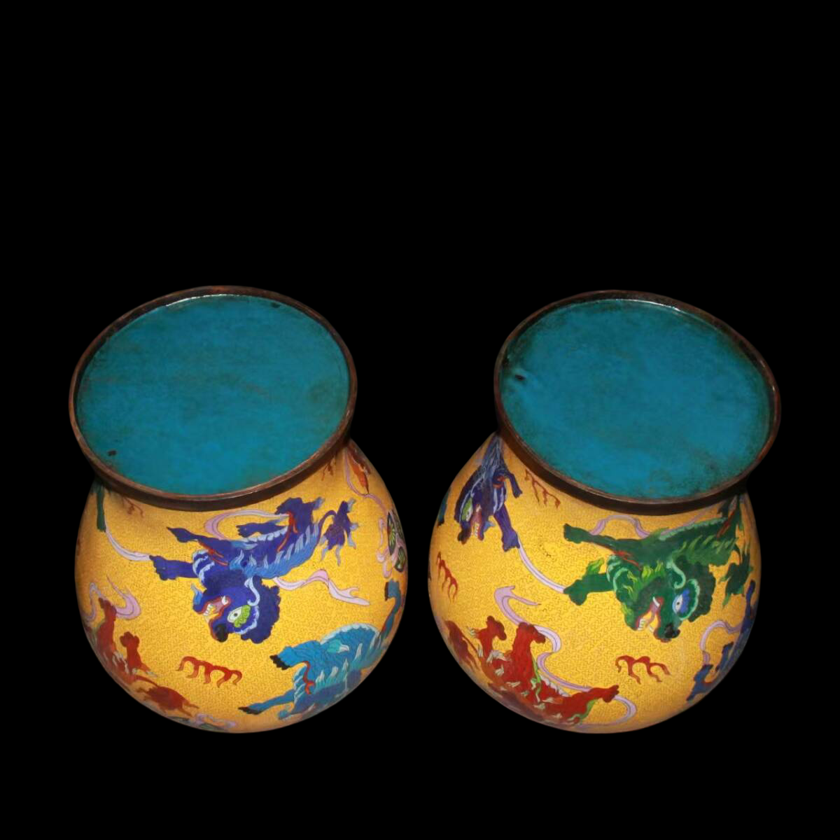 Pair of Cloisonne-Style Enamel-on-Copper Lidded Jars — Dragons & Mythic Beasts, 55 cm Tall, Heavy Decorative Display Pair (Antique-Period Attribution)